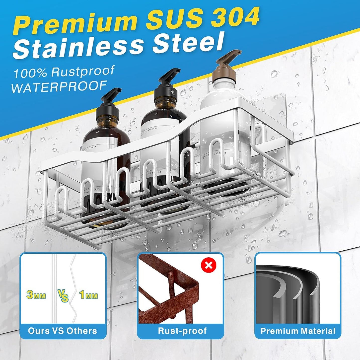 EUDELE 5-Pack Rustproof Stainless Steel Shower Caddy – No Drill Adhesive Bathroom Organizer with Large Capacity, Spacious Shower Shelves for Inside Shower, Kitchen & Home Decor Storage