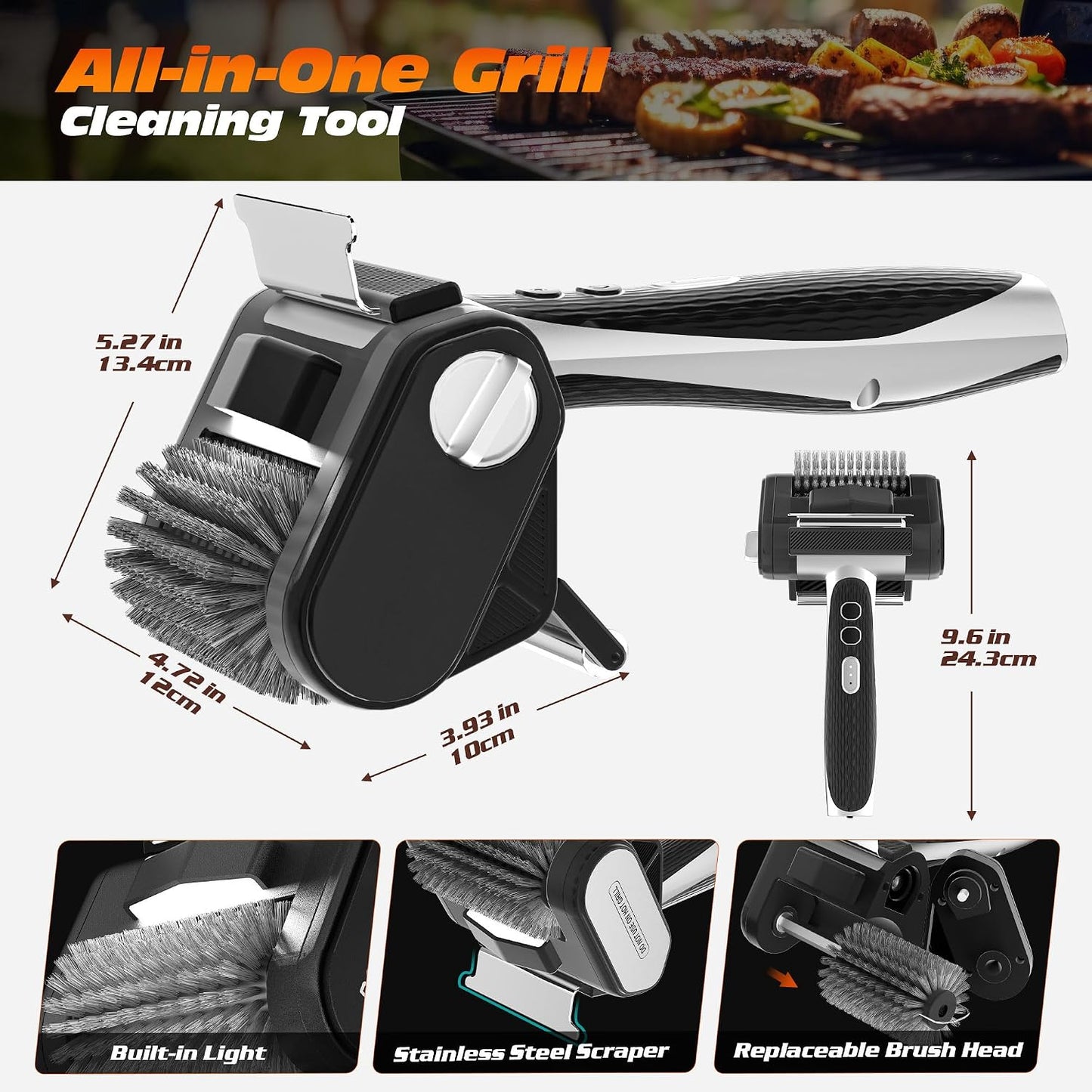 Electric Grill Brush with LED Light, Efficient Grill Cleaning Brush with 350 RPM Stainless Power Roller, Grill Brush Bristle Free Blasts Away Burnt-On Food for Gas/Charbroil Grates (Black)