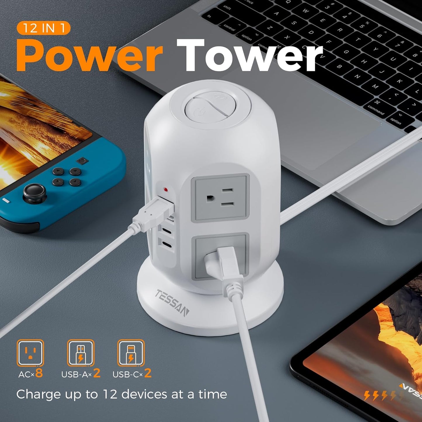 Purilite Select Flat Plug Tower Power Bar with Surge Protector