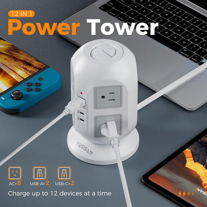 Purilite Select Flat Plug Tower Power Bar with Surge Protector