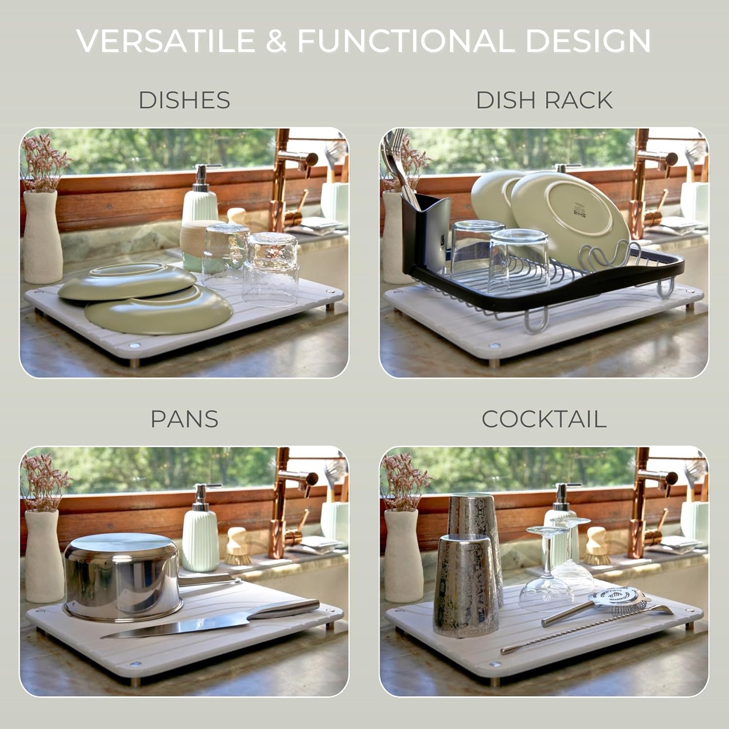 Natureva Home - Stone Dish Drying Mat | Super Absorbent, Quick Dry | Diatomite Mats for Kitchen Counter | Made of Natural Diatomaceous Earth | Absorbing Water Instantly | Design Tide | Colour Graphite