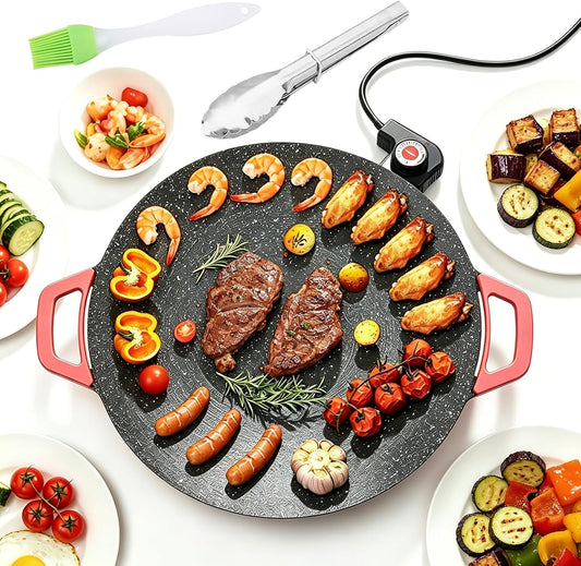 Smokeless Electric Indoor Grill | Nonstick Round Griddle with Adjustable Temperature Control