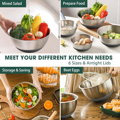 Umite Chef Mixing Bowls with Airtight Lids 6 Piece Stainless Steel Metal Nesting Storage Bowls by Umite Chef, Non-Slip Bottoms Size 7, 3.5, 2.5, 2.0,1.5, 1QT, Great for Mixing & Serving(Grey)