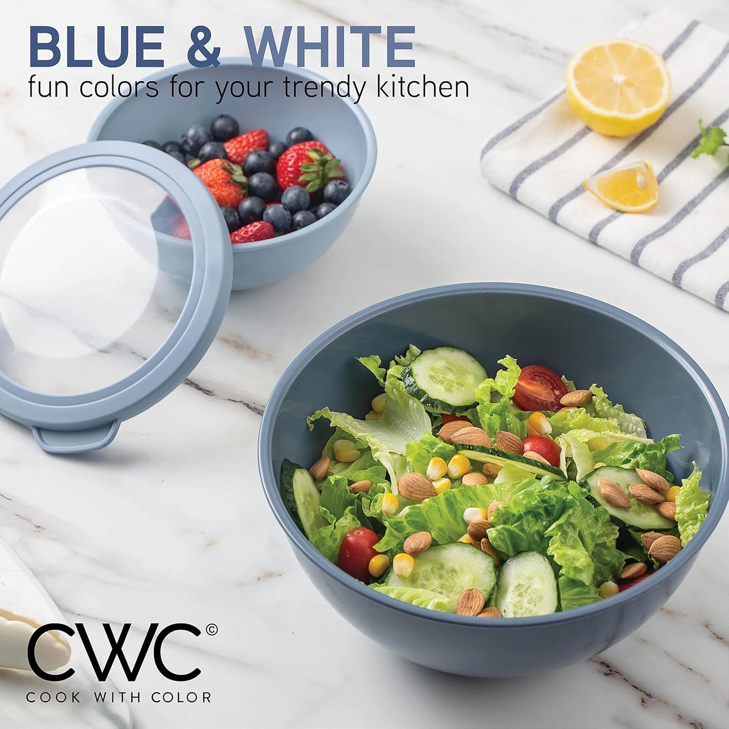 COOK WITH COLOR Mixing Bowls with TPR Lids - 12 Piece Plastic Nesting Bowls Set Includes 6 Prep Bowls and 6 Lids, Microwave Safe Mixing Bowl Set (Mint)