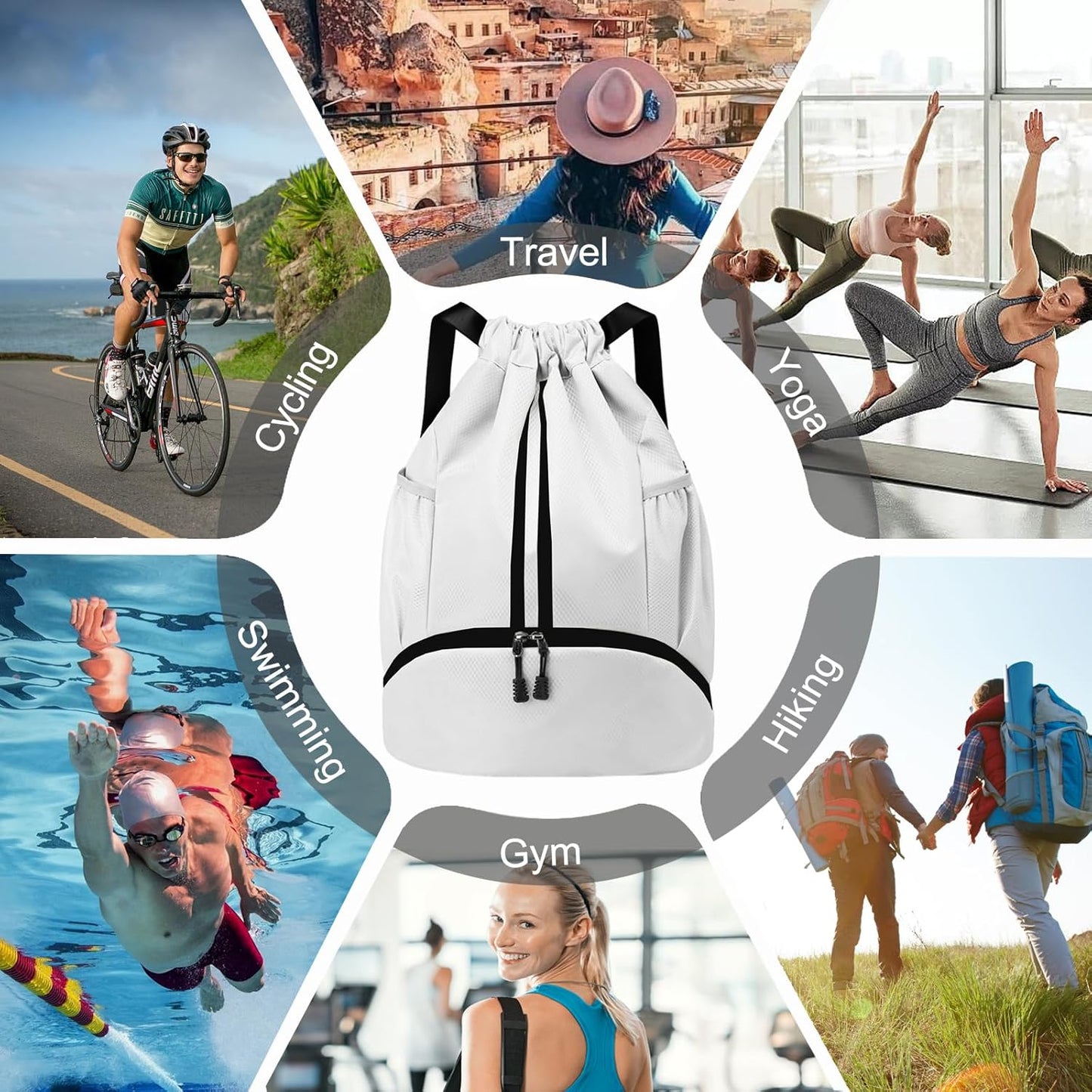 Hoedia Sports Drawstring Backpack - String Swim Gym Bag with Shoes Compartment and Wet Proof Pocket for Women/Men