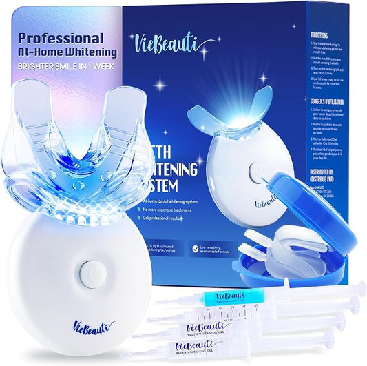 Teeth Whitening Kit with LED Light: VieBeauti Tooth Whitener for Sensitive Teeth - Removes Stains from Food Coffee Smoking Wine and Soda for a Bright Smile Coconut Flavor