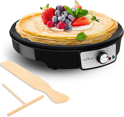 NutriChef Electric Crepe Maker, Cooks Roti, Tortillas, Pancakes, Nonstick Cooktop, 8-inch Cook Area On/Off Switch, Automatic Temperature Control & Cool Touch Handle, Includes Food Bowl, Whisk, Spatula