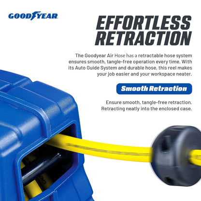 Goodyear Air Compressor Hose Reel Enclosed Retractable 3/8 in. x 50 ft. Hybrid Polymer Hose, Max. 300PSI