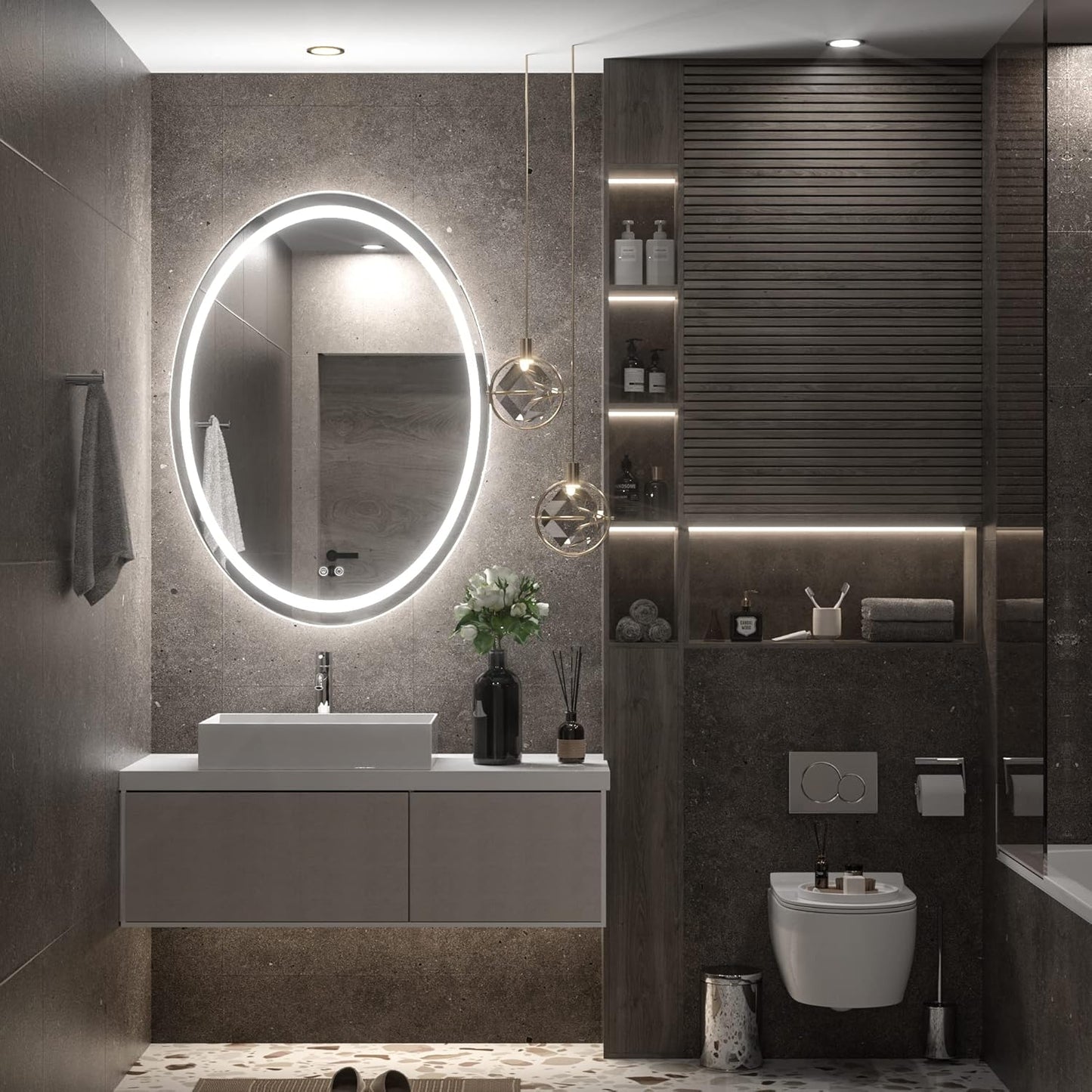TETOTE 28 Inch Round LED Bathroom Vanity Mirror, Anti-Fog Dimmable Lights IP54 Waterproof Circle Makeup Wall Mounted Mirror
