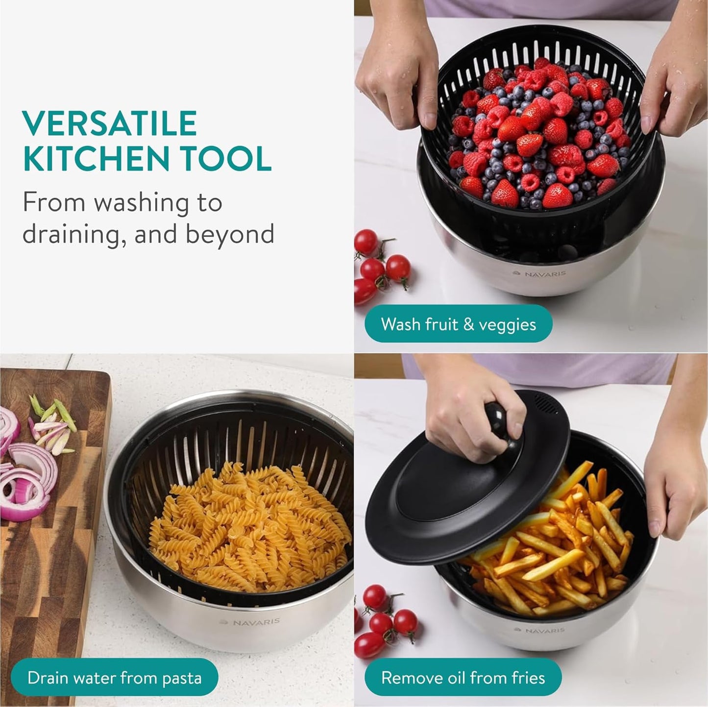 Navaris Salad Spinner with Lid - Salad Spinner Stainless Steel - Salad Dryer - Easy Washing, Drying and Spinning - Includes Grating and Slicing Discs