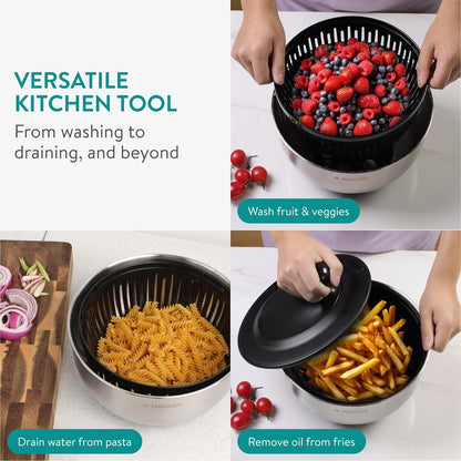 Navaris Salad Spinner with Lid - Salad Spinner Stainless Steel - Salad Dryer - Easy Washing, Drying and Spinning - Includes Grating and Slicing Discs