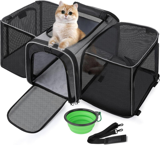 Pecute Cat Carrier Expandable 47x34x33cm, Dog Carrier Foldable, Pet Carrier with Breathable Mesh for Small to Medium Cats and Dogs, Used for Traveling, Camping, Going to The Vet Gray