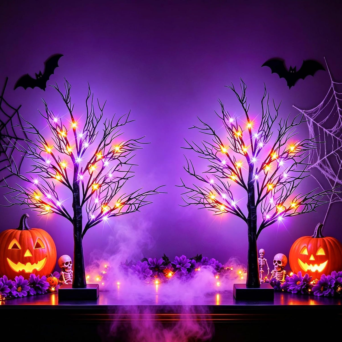 Halloween Decorations Indoor, 2 Pack 26 Inch Black Halloween Tree Set, 56 Orange & Purple LED Lights, USB & Battery Powered Tabletop Spooky Twig Trees with Timer, Creepy Halloween Decor for Mantels