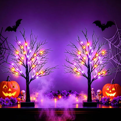 Halloween Decorations Indoor, 2 Pack 26 Inch Black Halloween Tree Set, 56 Orange & Purple LED Lights, USB & Battery Powered Tabletop Spooky Twig Trees with Timer, Creepy Halloween Decor for Mantels