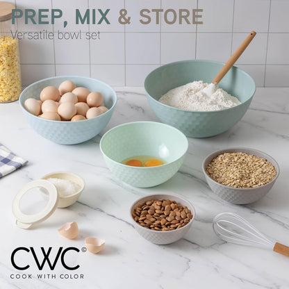 COOK WITH COLOR Mixing Bowls with TPR Lids - 12 Piece Plastic Nesting Bowls Set Includes 6 Prep Bowls and 6 Lids, Microwave Safe Mixing Bowl Set (Mint)