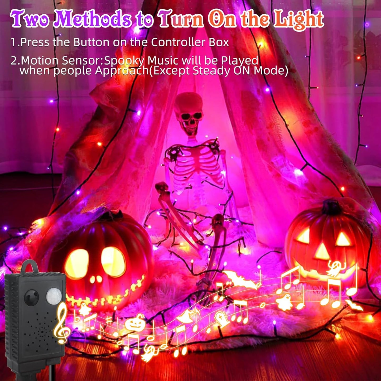 Tcamp 105FT 300 LED Purple Orange Halloween Decorations Lights Motion Activated Sync with 4 Scary Music, 6 Modes Halloween String Lights for Party Yard Outdoor Indoor Decor (3 Sets Connectable)