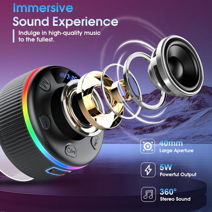 Shower Bluetooth Speaker, Portable Bluetooth 5.3 Shower Speaker Wireless, IP7 Waterproof Mini Speaker with RGB Lights, Suction Cup, Stereo Bass, for Bathroom Party Travel, Gift