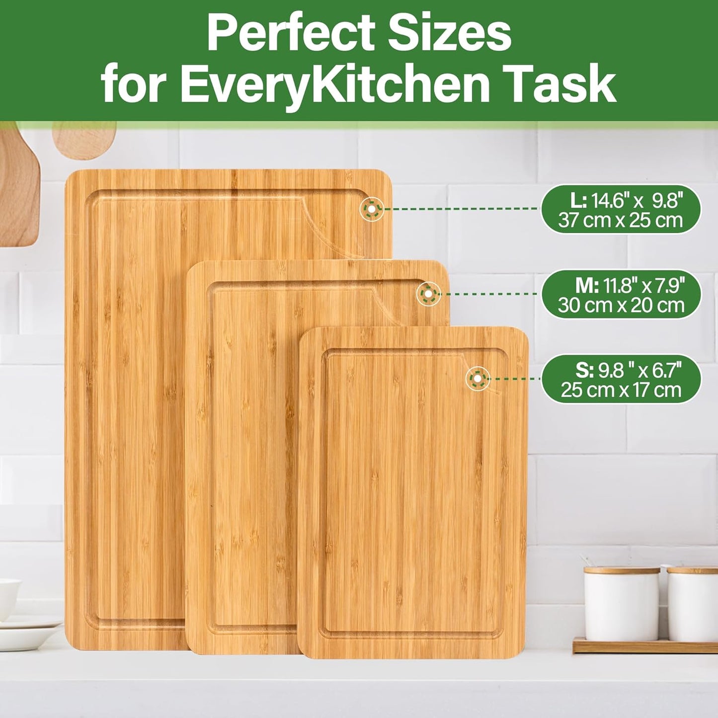 Bamboo Cutting Board for Kitchen, Bamboo Cutting Board Set of 3 with Juice Groove, Double-Sided Chopping Board Serving Board with Hanging Hole for Meat, Vegetables and Cheese
