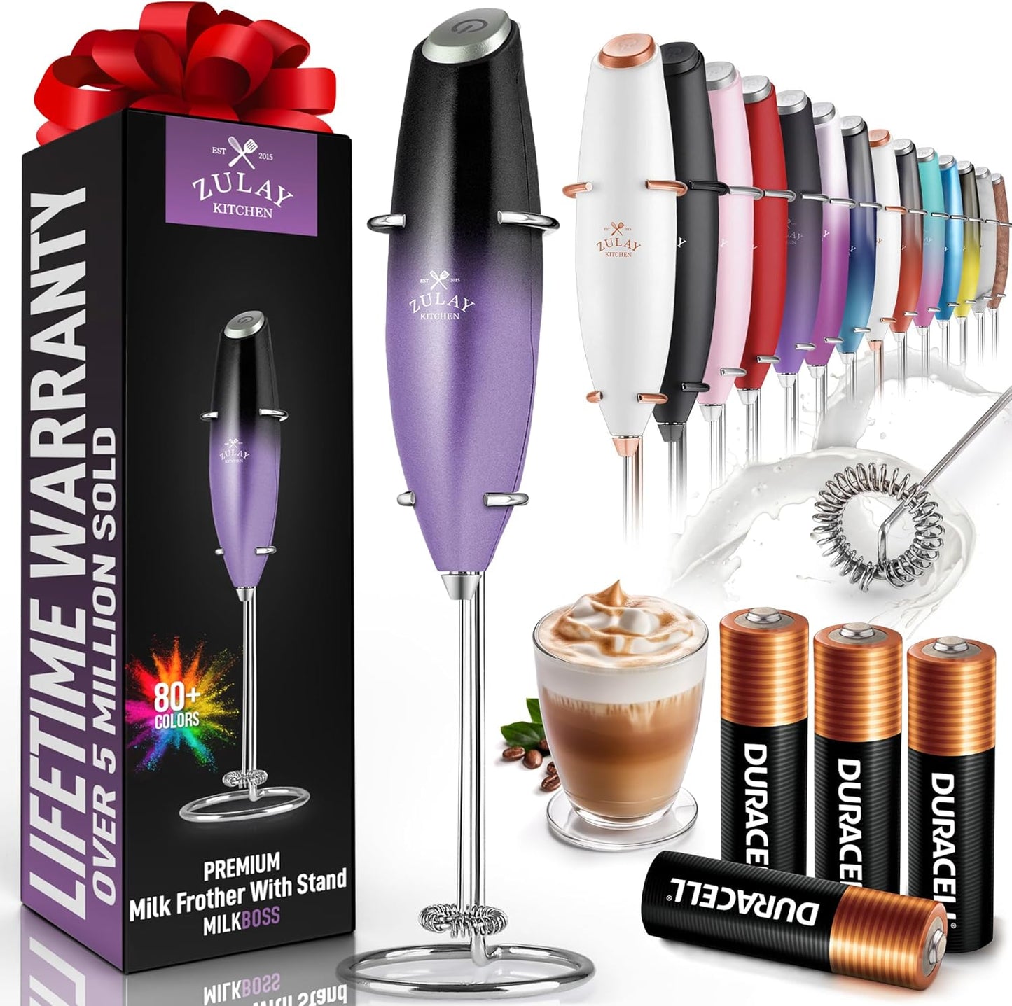 Zulay Milk Frother Complete Set Coffee Gift, Handheld Foam Maker for Lattes - Whisk Drink Mixer for Coffee, Mini Blender for Cappuccino, Frappe - Includes Frother, Stencils & Frothing Cup (Black)