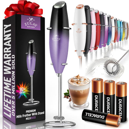 Zulay Milk Frother Complete Set Coffee Gift, Handheld Foam Maker for Lattes - Whisk Drink Mixer for Coffee, Mini Blender for Cappuccino, Frappe - Includes Frother, Stencils & Frothing Cup (Black)