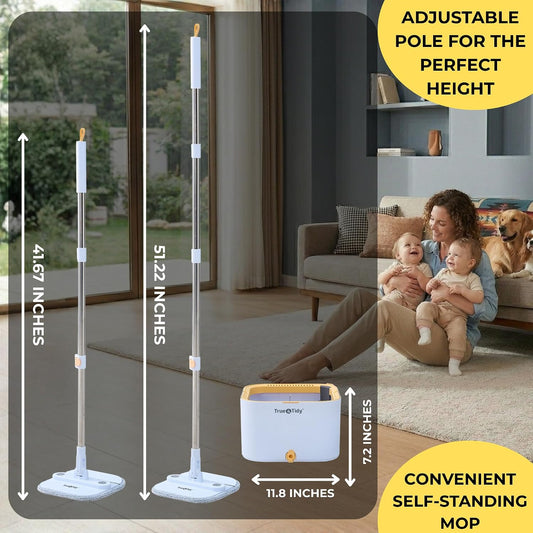 True & Tidy® TrueClean Spin Mop 2.0 w/Detachable Inner Bucket, Self Standing, Separates Clean and Dirty Water, Foldable Square Mop Head, Triple Jet Stream w/Hidden Brush, Replaceable 2pc Pads