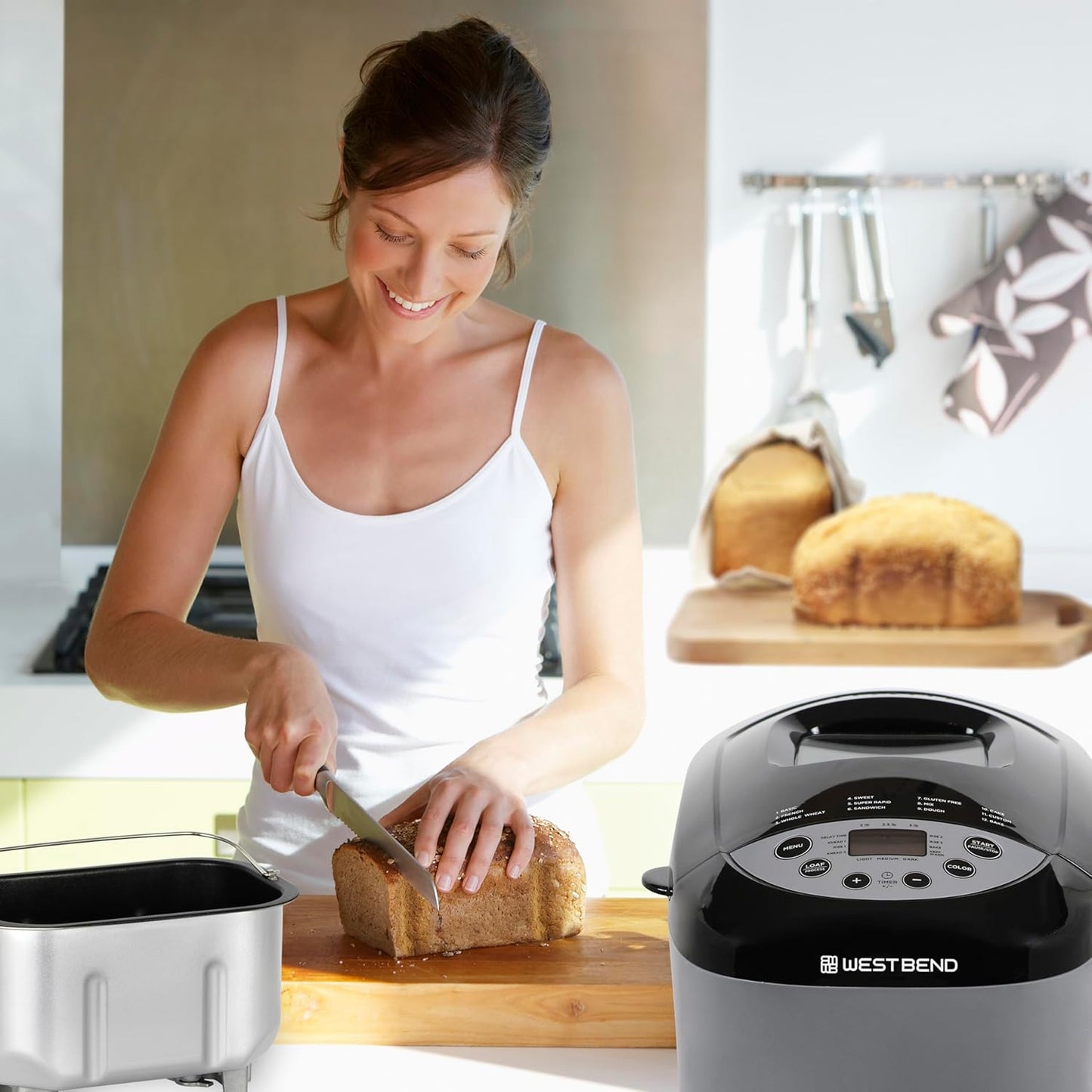 West Bend 47413 Hi-Rise Bread Maker Programmable Horizontal Dual Blade with 12 Programs Including Gluten Free, 3-Pound, Gray