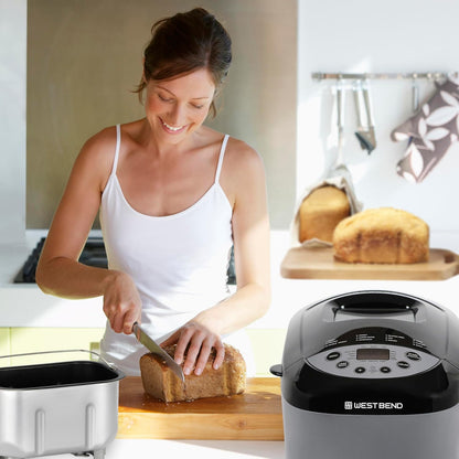 West Bend 47413 Hi-Rise Bread Maker Programmable Horizontal Dual Blade with 12 Programs Including Gluten Free, 3-Pound, Gray