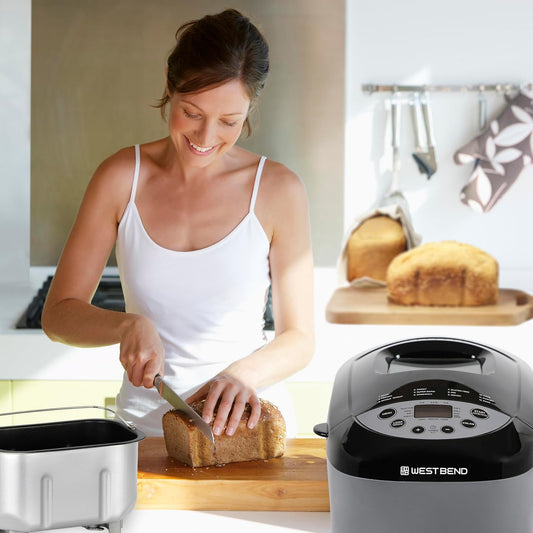 West Bend 47413 Hi-Rise Bread Maker Programmable Horizontal Dual Blade with 12 Programs Including Gluten Free, 3-Pound, Gray