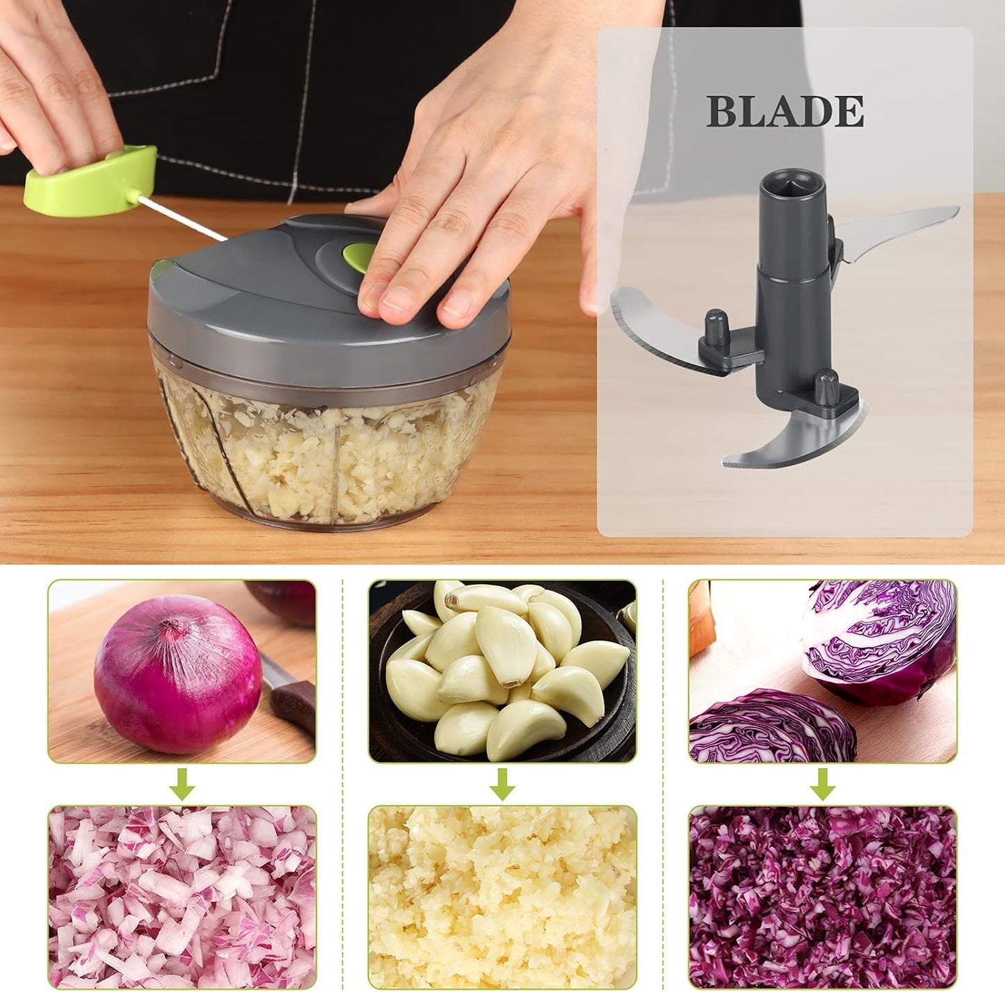 Cambom Manual Food Chopper Vegetable Cutter, Hand String Vegetable Chopper Onions Cutter for Vegetable Fruits Nuts BPA Free Food Safe Material, 550ml Gray
