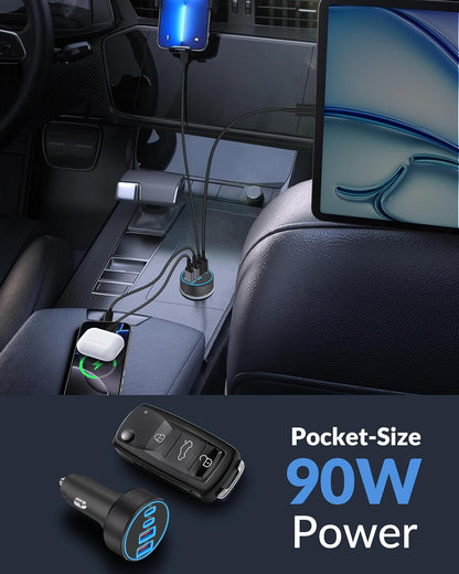 [4 in 1] USB C Car Charger, 4-Port 90W Super Fast Charging Cigarette Lighter Adapter, Dual 45W USBC & USB-A Multiport Car Phone Charger Accessories for iPhone 17 16 15 14 13 12, iPad, Galaxy, Tablet