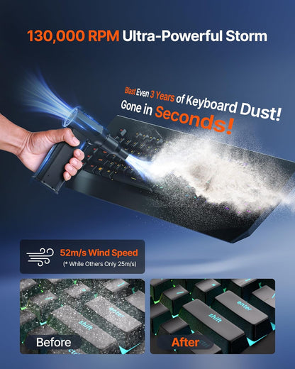 Compressed Air Duster – 130,000RPM Cordless Electric Air Blower with Rechargeable Battery, 4-Gear Adjustable Speeds, Mini Portable Air Blower for Keyboard, Computer, Car, Home, and Outdoor Cleaning