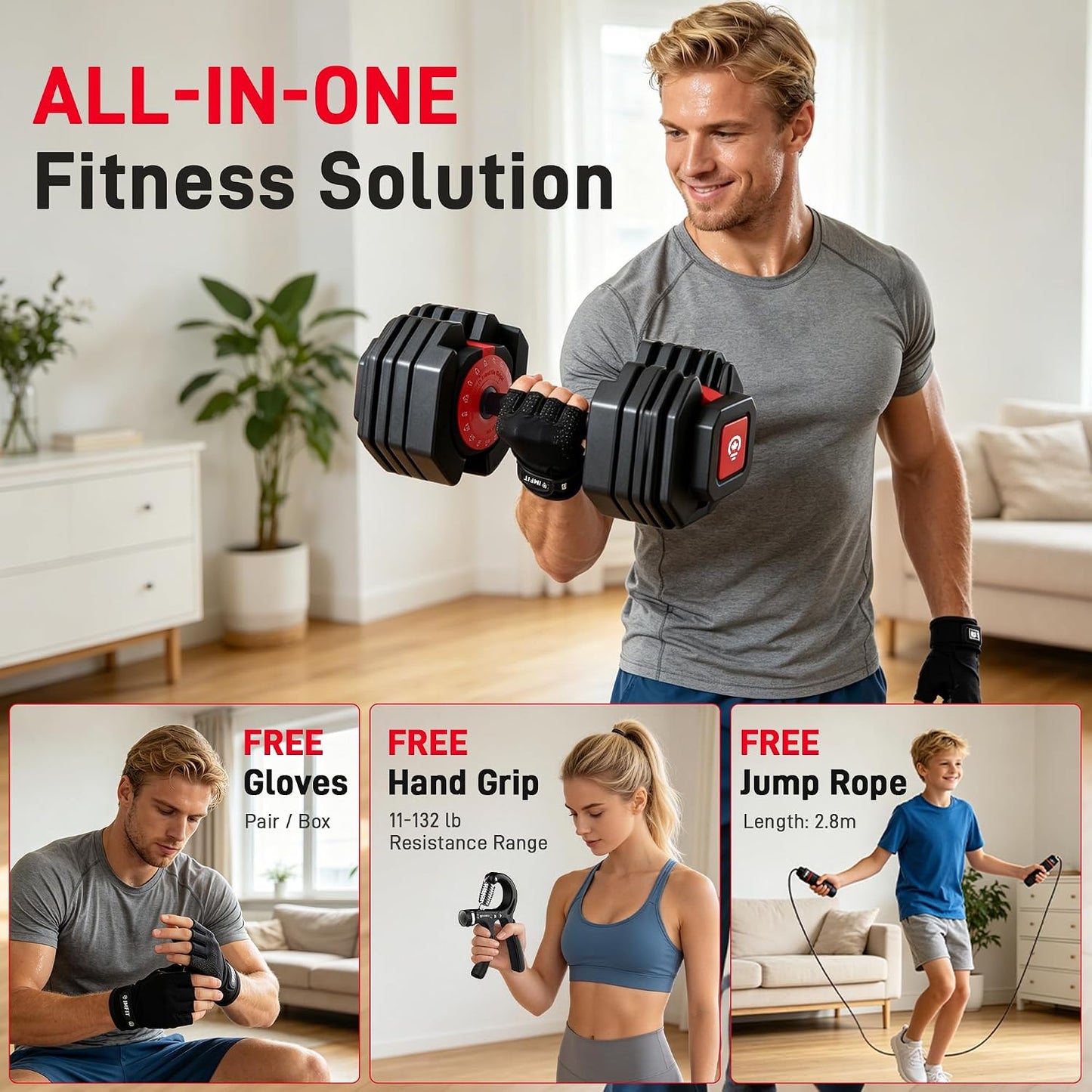 Adjustable Dumbbell Set (55lbs & 80lbs) (Single/Set of 2) with Free Gloves, Ropes & Hand Grips | 15 Adjustable Weight Settings, Space Efficient Compact Design, Easily Switch Exercises