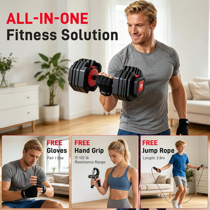 Adjustable Dumbbell Set (55lbs & 80lbs) (Single/Set of 2) with Free Gloves, Ropes & Hand Grips | 15 Adjustable Weight Settings, Space Efficient Compact Design, Easily Switch Exercises