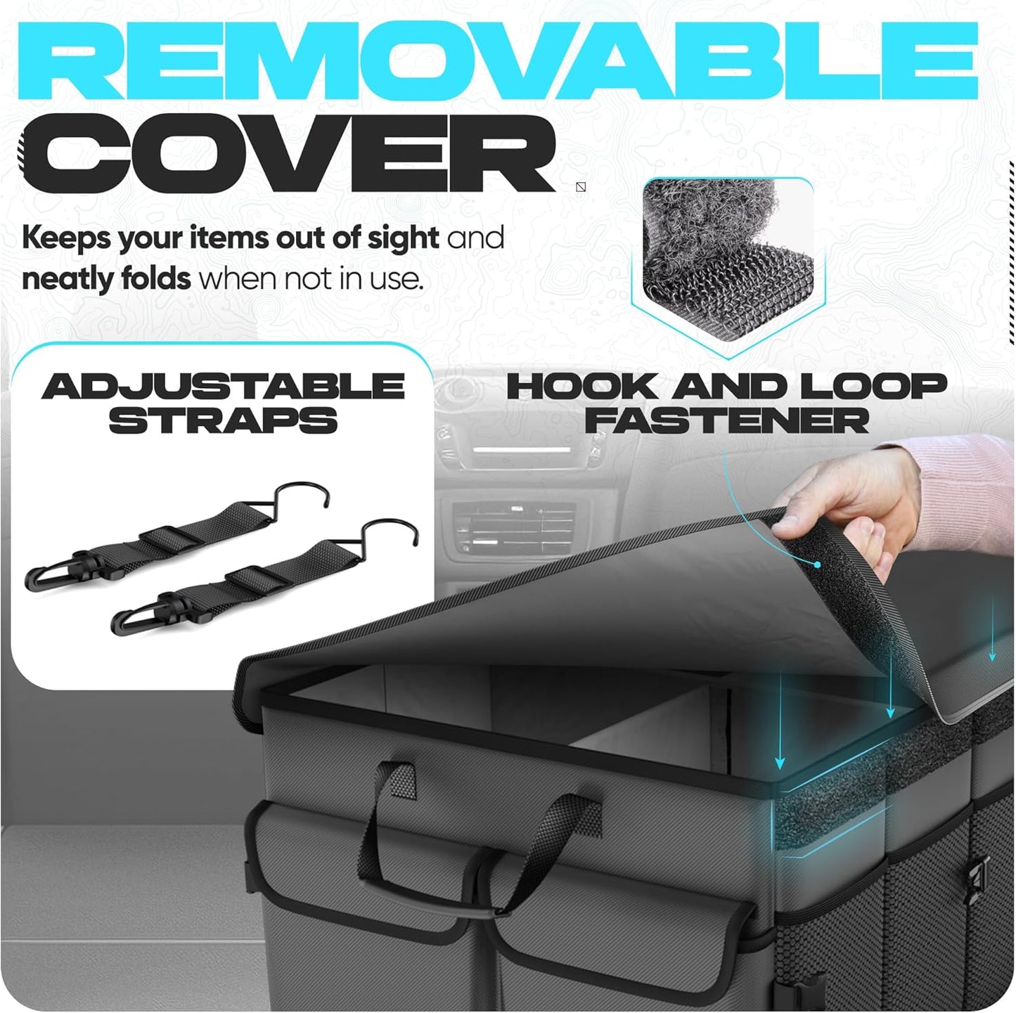 FORTEM Car Trunk Organizer, Collapsible Multi Compartment Car Organizer, Foldable SUV Storage for Car Accessories for Women Men, Non Slip Bottom, Securing Straps, Soft Cover 50L (Black, Standard)