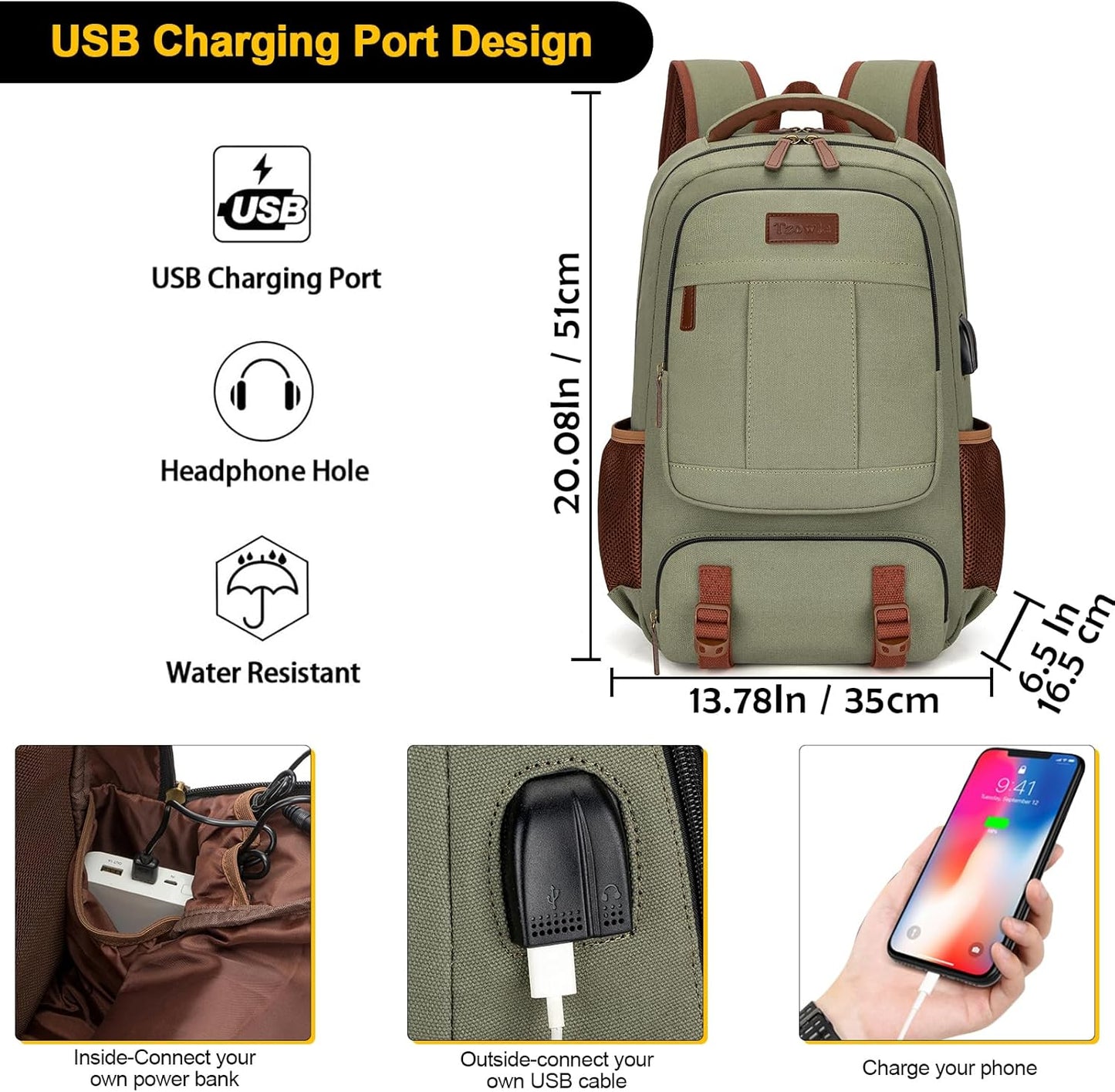 Tzowla Canvas Laptop Backpack Men,Bag for Women,School Travel College Work Rucksack Fits 15.6 Inch Laptop,Bookbag with USB Charging Port,Dark Grey