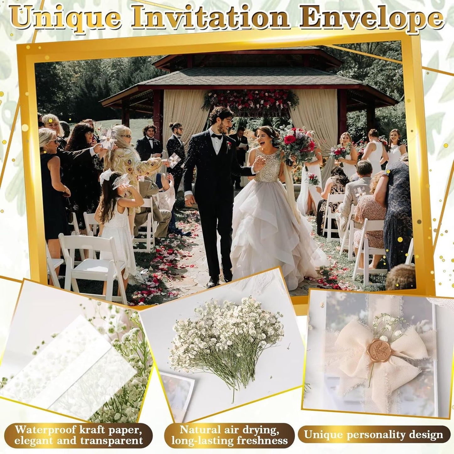 50 Sets Wedding Invitation Wrap Kit for 5x7 Invitations – Pre-Folded Vellum Jackets, 12 Rolls Chiffon Ribbon, Dried Gypsophila & Wax Seal Stickers – Elegant DIY Wedding Supplies