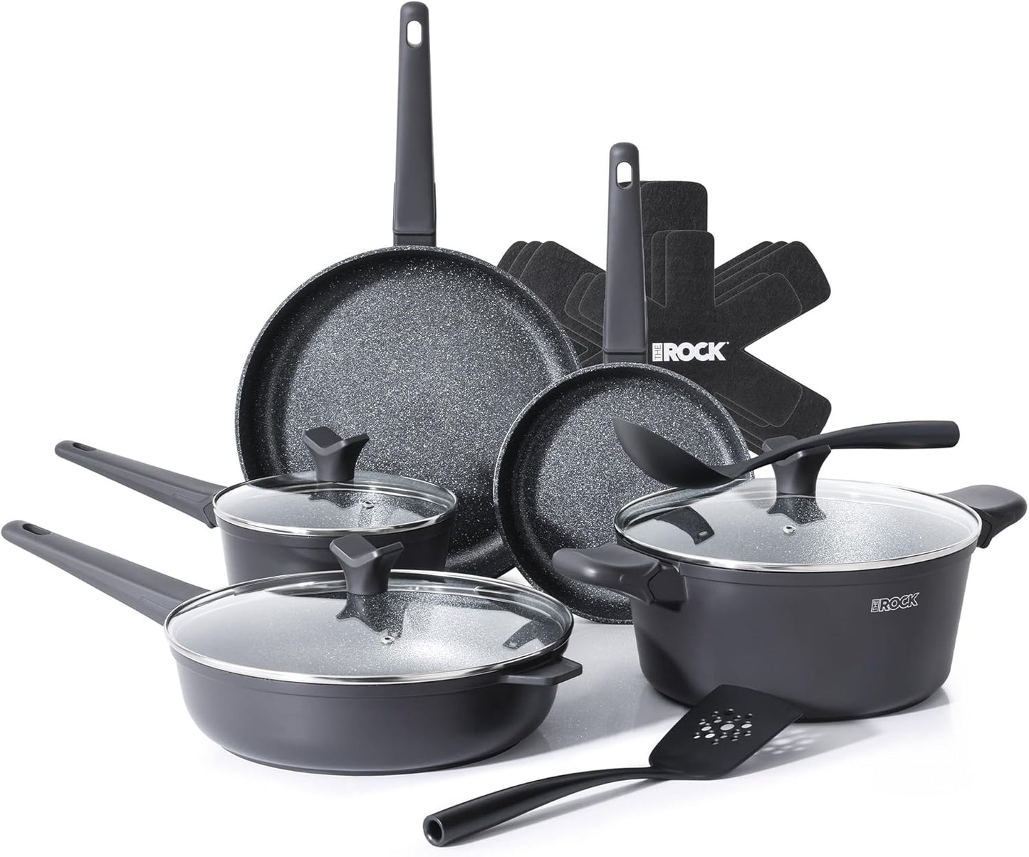 THE Rock SOHO 15Pcs Cookware Set – Pots and Pans Set Non Stick with Rock.TEC – Compact for Urban Kitchens, Nothing Sticks, Never Warps, Lasts Longer, Induction & Dishwasher Safe, Black