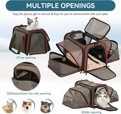 Petsfit Expandable Cat Dog Carrier Airline Approved, 17" L x 11" W x 11" H Soft-Sided Portable Pet Travel Carrier for Kitten, Puppy, Removable Soft Plush Mat and Pockets, Auto-Locking Zippers