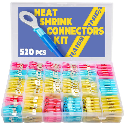 520-Piece Marine Grade Heat Shrink Wire Connector Kit, Tinned Copper Crimp Terminals with Adhesive Lining, Waterproof Electrical Connectors for Automotive, Marine, RV, and Home Wiring (3 Colors, 24 Sizes) - PuriLite