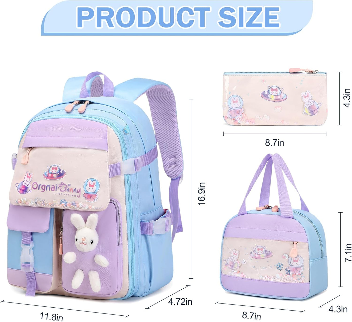 FIXITOK Girls Backpack Set, 3PCS Kids Backpack for Girls, Kawaii Bunny School Backpacks for Girl Kindergarten Elementary Preschool Middle School Bags with Lunch Box Pencil Case Aquamarine