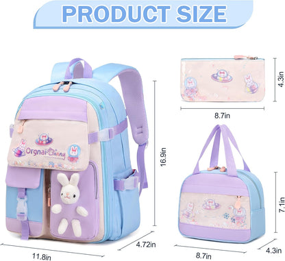 FIXITOK Girls Backpack Set, 3PCS Kids Backpack for Girls, Kawaii Bunny School Backpacks for Girl Kindergarten Elementary Preschool Middle School Bags with Lunch Box Pencil Case Aquamarine