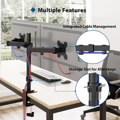 BONTEC Dual Monitor Arm for 13-32 inch LCD LED PC Screens, Height Adjustable 360° Rotation, 90° Tilt and Swivel, 22 lb per Arm, Desk Clamp or Grommet Mount, Cable Management,Black