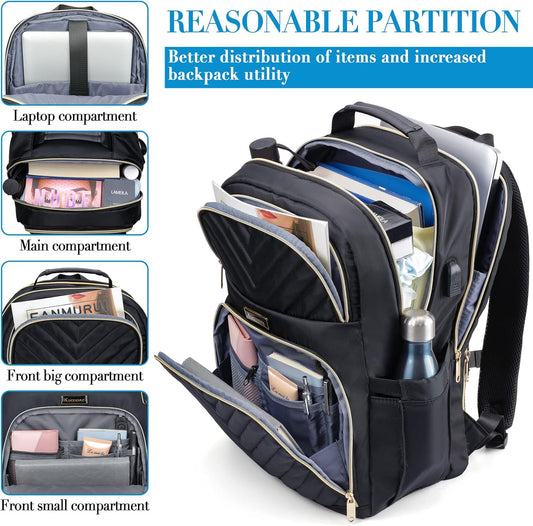 Laptop Backpack for Women Men, Large School Backpack for Girls with USB Charging Port, 17.3 Inch Work Travel Laptop Back Pack, College Student Bookbag Casual Daypacks, Black - PuriLite