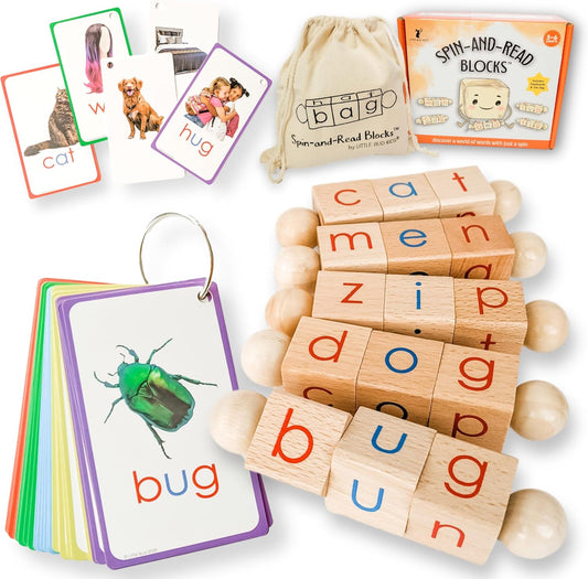 Little Bud Kids Spin-and-Read Phonics Toy, Rotating Wooden Reading Blocks with CVC Flash Cards, A Montessori Reading Learning Resources Toy for 3-5 Years Old