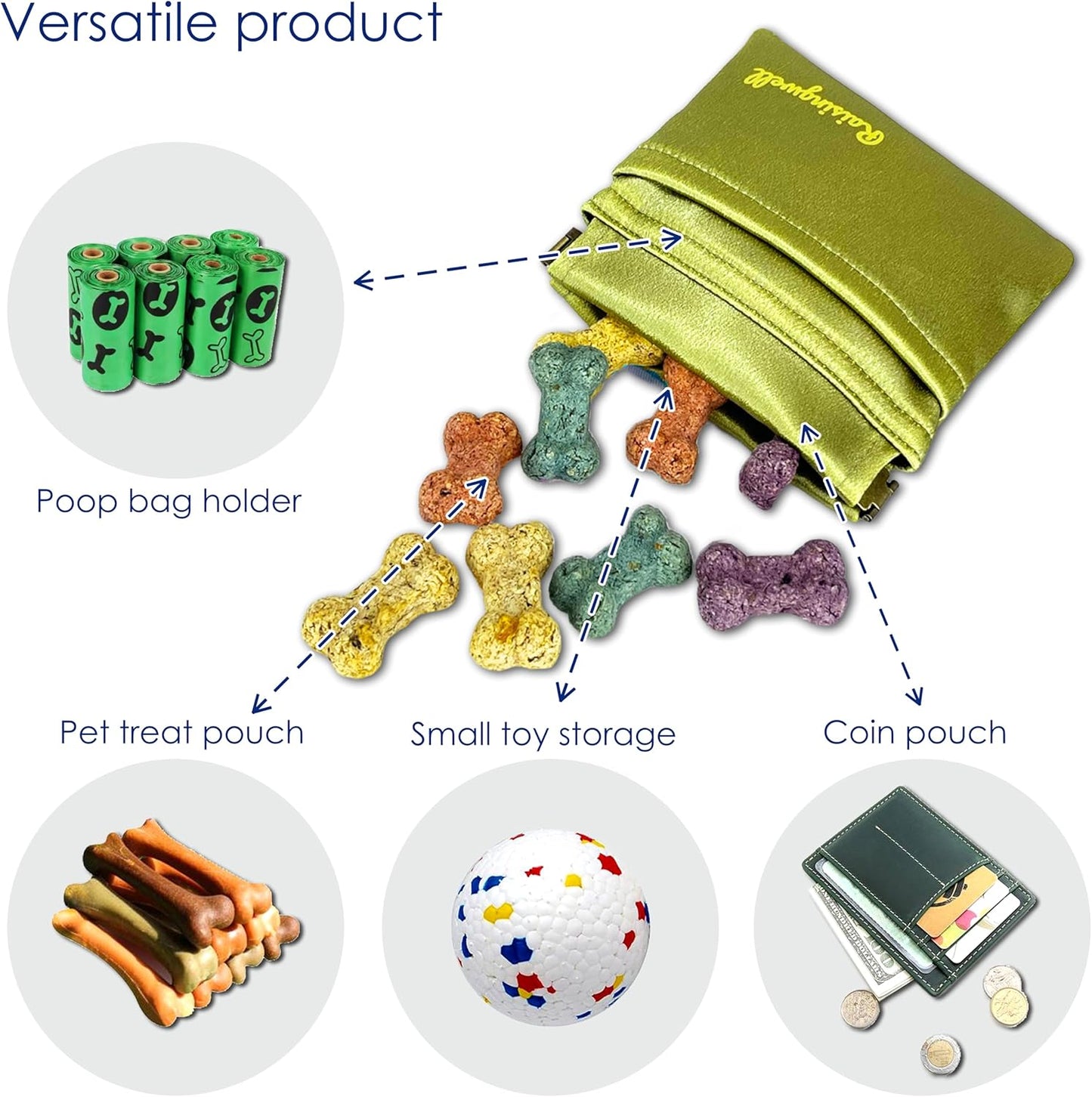 Raisingwell Dog Treat Pouch, Black Pocket Sized Pet Training Pouch, Cotton Fabric, Hand Free Dog Walking Bag with Carabiner, Self-Closing Pet Feed Snack Reward, for Pet Puppy Travel or Outdoor Use