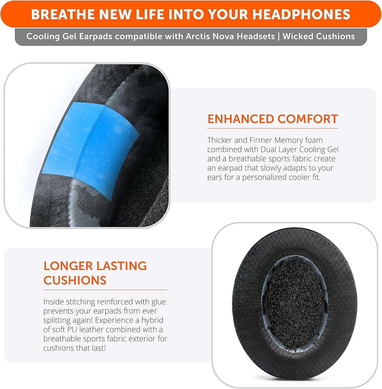 WC Freeze for Arctis Nova - Hybrid Fabric Cooling Gel Replacement Earpads for Arctis Nova Pro Wired, Nova 7, 5, 4, 3, 1 - Made by Wicked Cushions (Does Not Fit Nova Pro Wireless) | Black