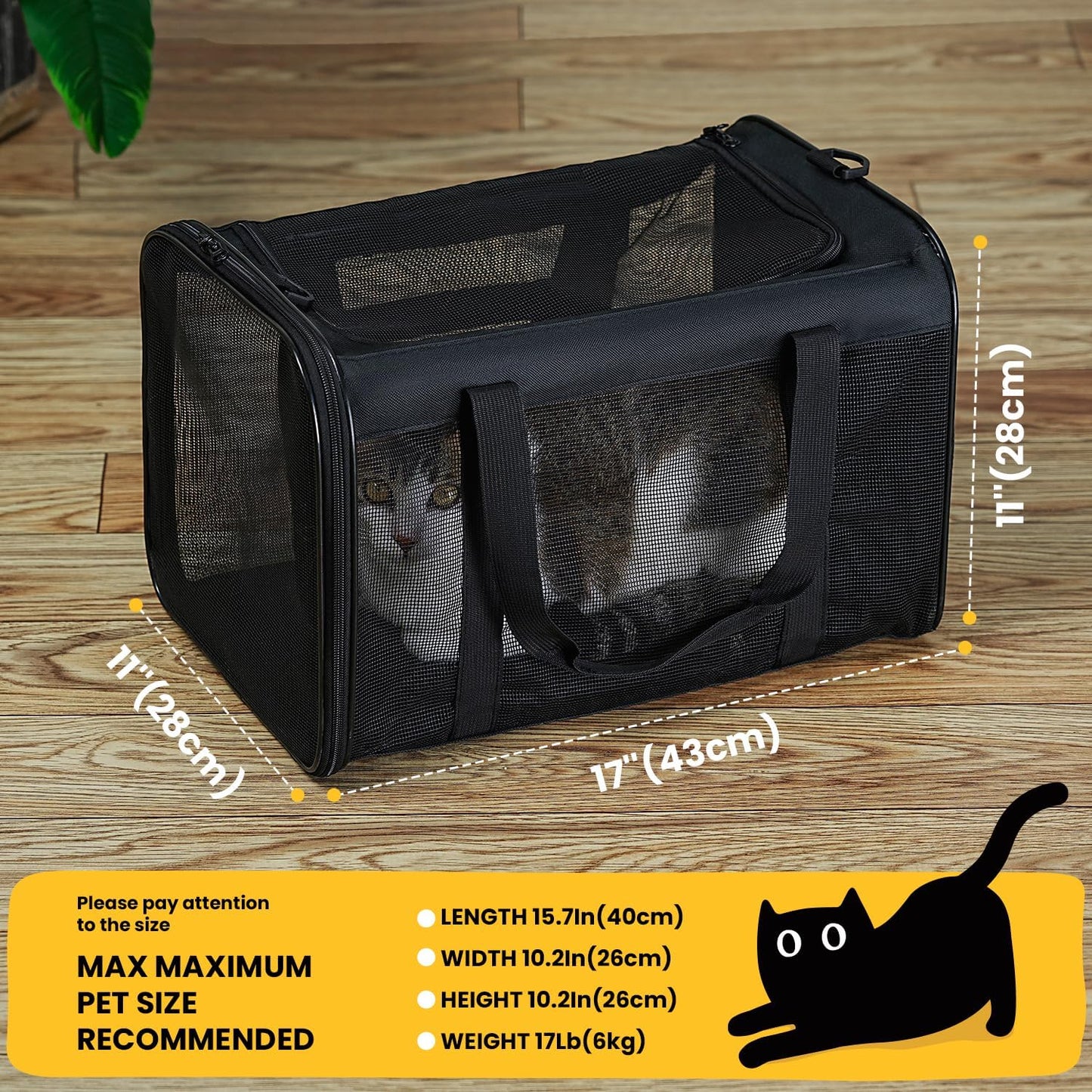 Conlun Cat Carrier Bag,Soft-Sided Pet Carriers for Dogs with 4-Sided Mesh,Airline Approved Cat Transport Carrier for Small&Medium Cats Kitten Puppy Up to 6Kg,Collapsible Cat Travel Carrier-M,Black
