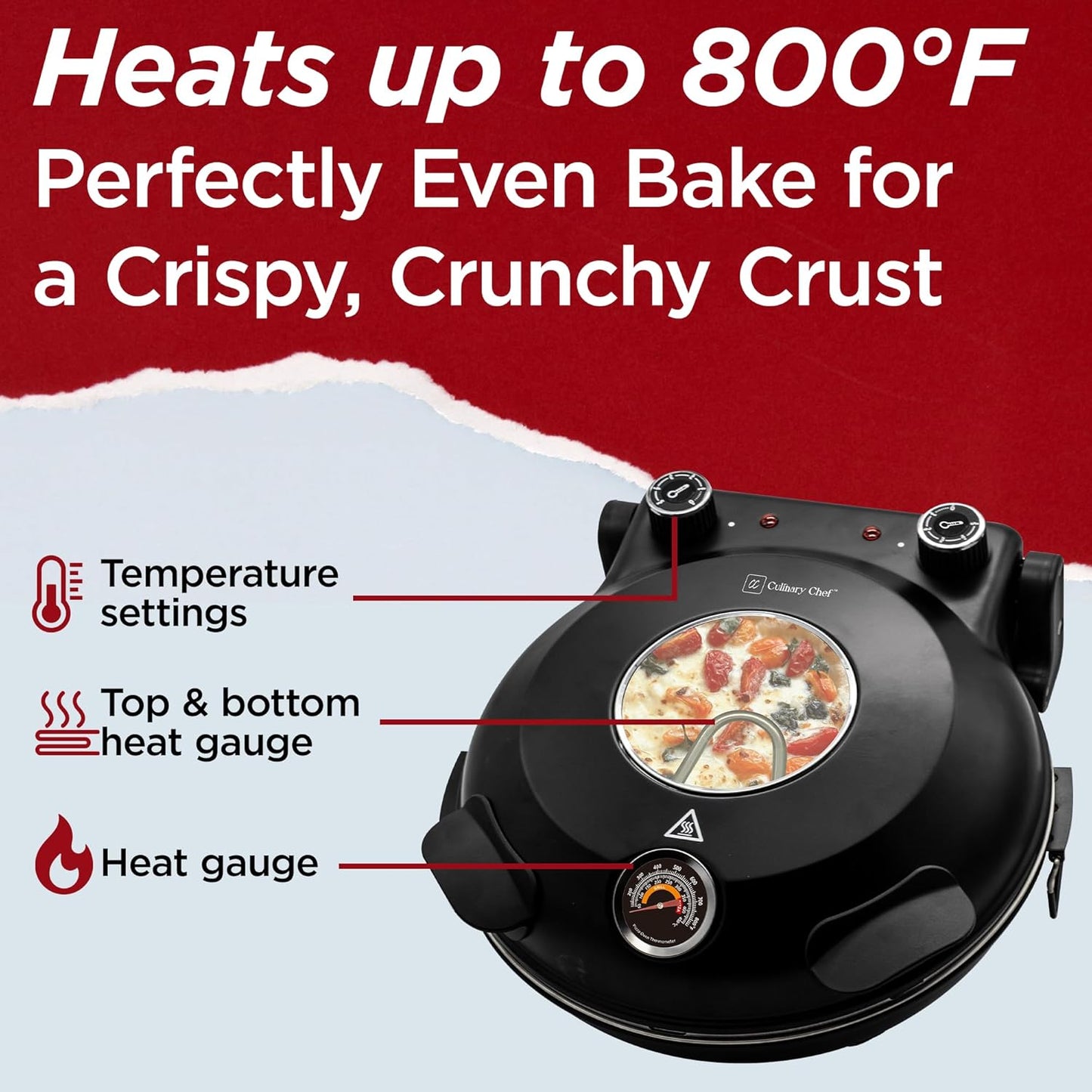 CULINARY CHEF Electric Pizza Oven with Ceramic Stone, Viewing Window, Adjustable Heat Control, Timer and 1200W Baking Power, DIY Homemade Pizzeria, Large 12” Pie Capacity (Red)