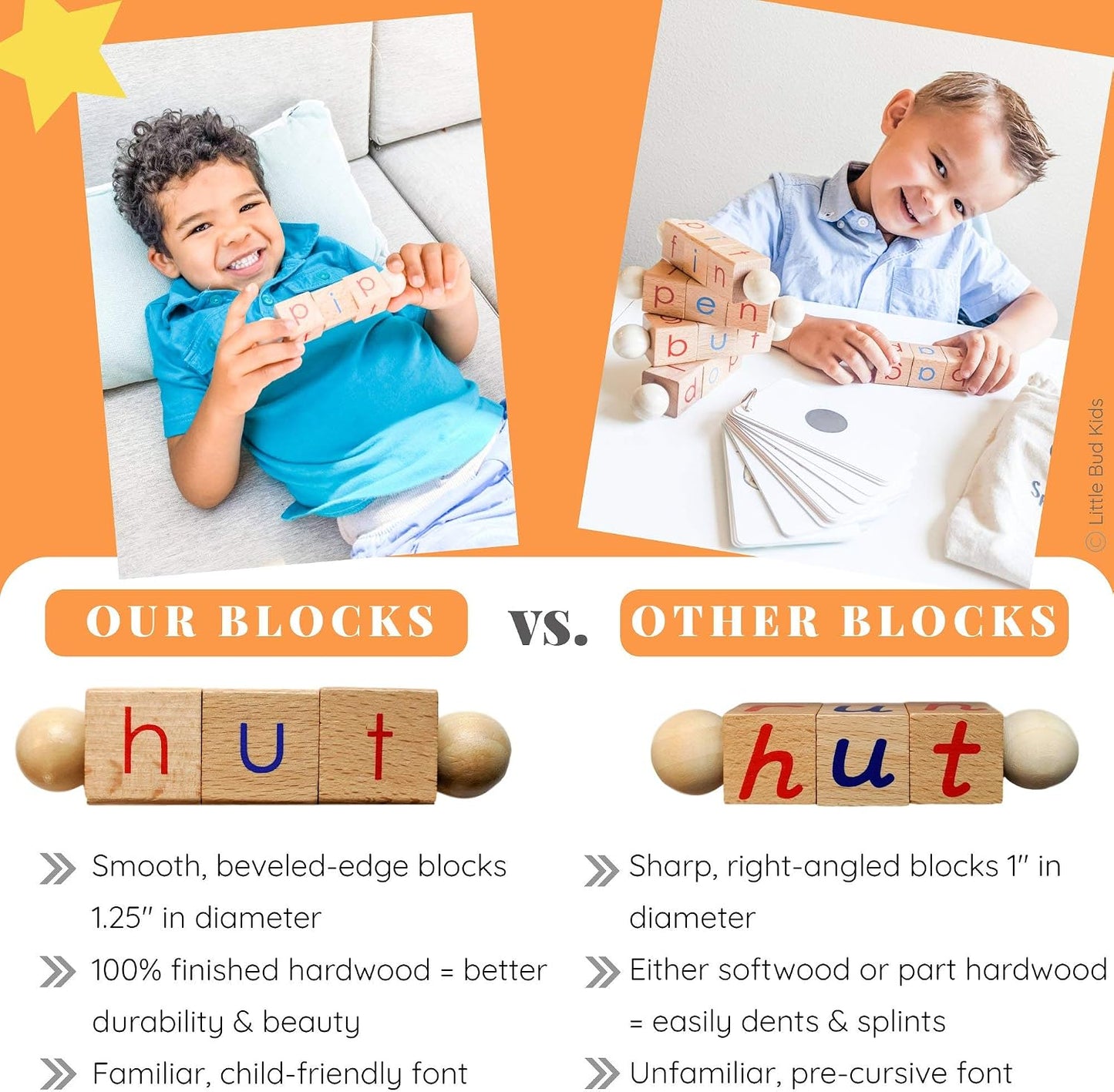 Little Bud Kids Spin-and-Read Phonics Toy, Rotating Wooden Reading Blocks with CVC Flash Cards, A Montessori Reading Learning Resources Toy for 3-5 Years Old