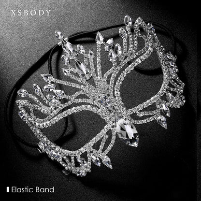XSBODY Bling Rhinestone Masquerade Mask For Women Ball Costume Crystal Face Mask Carnival Jewelry